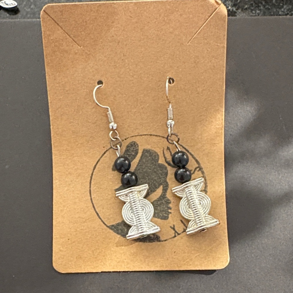 Silver and Black Beaded Earrings